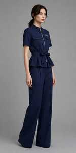 <b>Women</b> <b>Navy</b> Short Sleeve Stand Collar Zipper Peplum <b>Top</b> Wide Leg Pants 2 Piece Set - Product Image 4