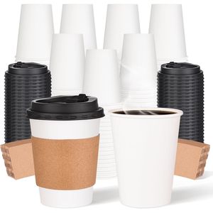 Confezione da 100 Bicchieri di Carta Usa e Getta da 12oz con Coperchi e Manicotti per Caffè, Cioccolata Calda, Tè, Succhi da Asporto - Product Image 1