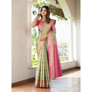 ผ้าส่าหรีปาโตลาทอแบบออร์แกนซ่าสีเขียวพิสตา ประดับด้วยด้ายซารี  เสื้อผ้าอินเดียและปากีสถาน - Product Image 6