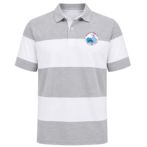 Gray <b>White</b> Horizontal Stripe <b>Polo</b> Shirt Short Sleeve Collared Button Placket Color Block Casual Golf with Crest Patch for <b>Men</b> - Product Image 1