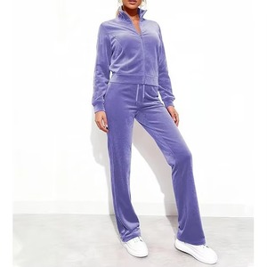 Custom Zip up Crop Top Hoodie Embroidered logo Velvet Sweatshirt and Sweatpants <b>Jogger</b> <b>Velour</b> Tracksuit Two Pieces Set for Women - Product Image 3