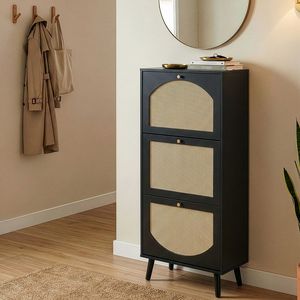 Scarpiera a 3 livelli con frontale in rattan dal design semplice, 54x24x135 cm, in truciolato nero per riporre le scarpe - Product Image 6