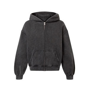 Sudadera con capucha vintage con cremallera, gris carbón, lavado ácido, para hombre, oversize, de algodón grueso con forro polar, logo frontal, ropa de calle de invierno - Product Image 2
