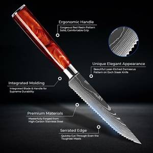 6-Piece Steak <b>Knife</b> <b>Set</b> with Damascus Blade Pattern and One of a Kind Crimson Red Epoxy Resin Handles - Product Image 4