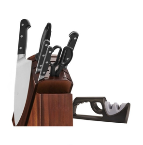 Ensemble de couteaux de cuisine noirs et argentés avec bloc en bois brun foncé, ciseaux, aiguiseur et affûteur manuel pour la préparation et la découpe des aliments - Product Image 6