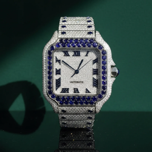 Reloj de Lujo con Incrustaciones de Moissanita VVS, Bisel de Diamantes Azules Zafiro, Esfera Cuadrada, Números Romanos, Estilo Hip Hop - Product Image 2