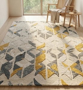 Tapis en laine tufté à la main ivoire très demandé, motif géométrique abstrait gris-moutarde, antidérapant, à poils moyens, avec envers en coton et silicone - Product Image 1