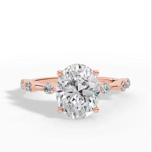 Bague de fiançailles délicate en argent sterling avec diamant de laboratoire taille ovale 10x8mm, halo dissimulé et pierres latérales, certifiée IGI, brillante pour mariée - Product Image 5