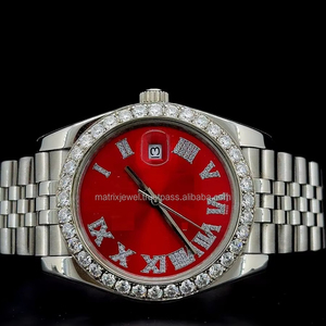 Reloj clásico con esfera roja, bisel de moissanita blanca completa, esfera redonda, con probador de diamantes de 4 quilates, reloj automático premium aprobado. - Product Image 3