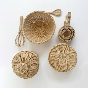 Rattan toy mixing bowl with spoon children pretend <b>play</b> kitchen set handcrafted cookware toys - Product Image 3