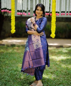Ensemble haut et bas en jacquard fantaisie avec dupatta, tenue de fête, prix de gros, vêtement ethnique bleu - Product Image 4