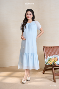 Vestido de Maternidad Azul V1573, Cuello Redondo, Manga Corta, Estampado Floral, Corte en A, Largo a Media Pantorrilla, Holgado, Transpirable, Ropa de Verano para Mujer - Product Image 3
