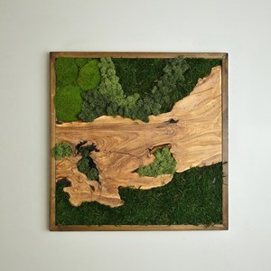 Handmade Wooden Moss Landscape Art <b>Square</b> Rustic Wall Decor Dark Brown <b>Frame</b> Green Foliage Design Home Decoration - Product Image 1