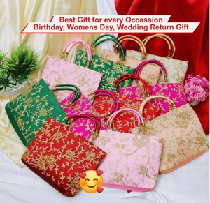 กระเป๋าถือผ้าซาตินลายทางสำหรับผู้หญิง ของชำร่วยงานแต่งงานอินเดีย ของขวัญปีใหม่สุดเก๋ ของที่ระลึกงานฮาลดี เมห์นดี พร้อมซิป - Product Image 3