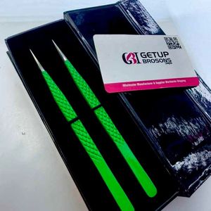 GETUP BROSONS IMPEX Slim Long Green Stainless Steel Eyelash Tweezers Precision Tool <b>Box</b> Packaging - Product Image 4