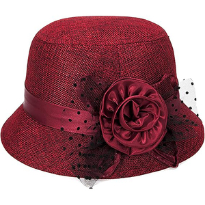 Chapeau Bob Élégant Rouge pour Femme en Lin Brodé de Roses avec Bordure en Maille – Style Européen Tendance pour Adultes, Idéal Printemps-Été et Soirées - Product Image 1