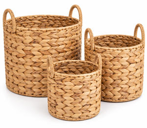 3 Piece Set Handwoven <b>Water</b> <b>Hyacinth</b> Round <b>Storage</b> <b>Baskets</b> with Handles Bohemian Natural Wicker - Product Image 4