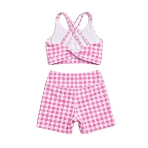 Pink Gingham Yoga Set Cross Back Sports Bra and High Waist Workout Shorts Two Piece Gym Outfit Set For Women - Product Image 2