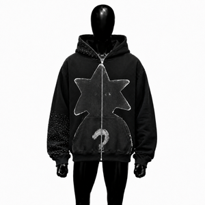 Sweat à capuche zippé noir surdimensionné personnalisé avec imprimé graphique étoile vieilli, style streetwear, mode gothique délavée, unisexe - Product Image 1