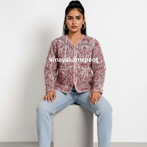 Veste courte matelassée réversible à fleurs rouges pour femmes, en coton fait main, respirante, broderie écologique, hiver - Product Image 4