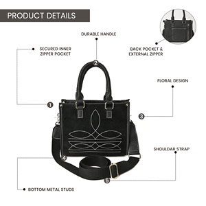 Bolso de mano de cuero para mujer con bordado, bolso tipo satchel estructurado con correa para el hombro - Product Image 3