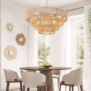 Modern 4-Layer Woven Wood-Iron Chandelier 20" Boho Style Pendant <b>Light</b> <b>Fixture</b> Model D0100XFP36V for Living & <b>Dining</b> <b>Rooms</b> - Product Image 1