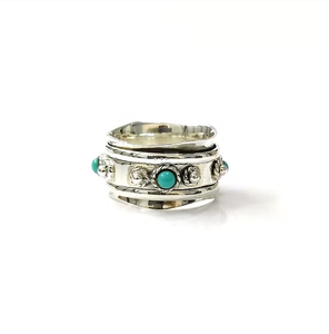 <b>Turquoise</b> Beaded 925 Silver Spinner Wide Band <b>Ring</b> 9.6 Grams Unisex Everyday & Party Wear Gift - Product Image 2