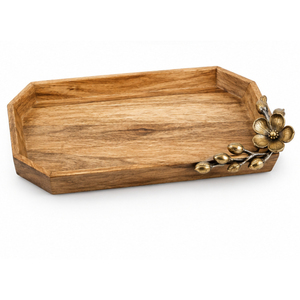 Plateau décoratif en bois de qualité supérieure avec poignées en étoile de mer dorées de luxe, plateau de service ovale en bois massif pour hôtel et restaurant - Product Image 6
