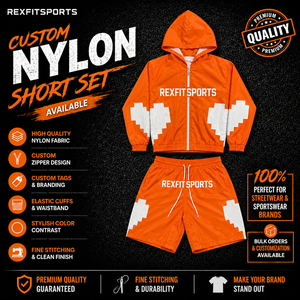 ชุดแจ็คเก็ตและกางเกงขาสั้นกันลมไนลอนสีส้มแบบกำหนดเอง REXFIT SPORTS 2026 แบรนด์ส่วนตัว เสื้อผ้าสตรีทแวร์ผู้ชาย ชุดกีฬา unisex ผ้าจีบ - Product Image 1