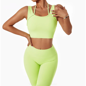 Ensemble de shorts de yoga 2 pièces pour femme, séchage rapide, respirant, couleur unie, logo avant, taille élastique, Spandex/Polyester, vêtements de sport sans couture - Product Image 4