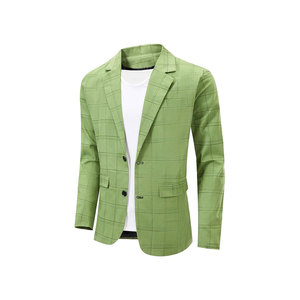 Blazer vert à carreaux pour homme, simple boutonnage, col cranté, style britannique, coupe classique, mélange de laine - Product Image 1