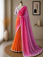 Saree Kain Linen Berlapis Empuk Dengan Hiasan Cermin Di Badan, Bordir Putih Di Pinggir, Dan Blus Cetak Cantik