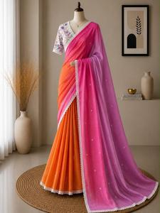 Sari en tissu de lin à rembourrage doux avec travail de miroir sur le corps et bordure brodée blanche, et magnifique chemisier imprimé assorti. - Product Image 3