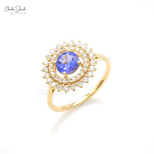 Anillo Halo con Tanzanita de Corte Redondo de 6mm y Diamantes Blancos, en Oro Amarillo Fino de 14k, Estilo Art Deco, Proveedores Verificados, Venta al Por Mayor en India - Product Image 3