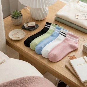 Light Blue Ankle <b>Socks</b> With <b>White</b> Stripes Knitted Cotton Breathable <b>Men's</b> Summer Daily Wear Regular Style - Product Image 5