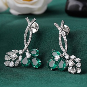 14K White Gold <b>Fine</b> Dangle <b>Earrings</b> 6.39 CT Green Pear Emerald Lab Grown Diamond Floral Drop Elegant and Luxurious - Product Image 2