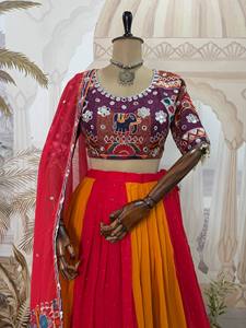 Traditional Indian Women's <b>Lehenga</b> Choli Set <b>Red</b> Orange Polyester Floor Length Loose Fit Wedding Wear - Product Image 3