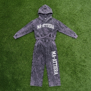 Custom <b>Women</b> Acid Wash Charcoal Gray Cropped Wrap Hoodie Wide Leg <b>Jogger</b> Set Cotton Fleece Embroidered Belt Vintage Tracksuit - Product Image 5