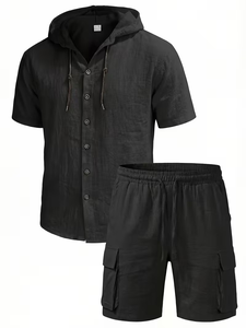 2026 Summer New Mens Cotton Short-Sleeve Shirt Set Solid Color Stand Collar Casual Beach 2pcs Quick Dry Breathable Comfortable - Product Image 4
