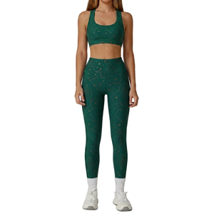 Low MOQ Women 2 Piece Yoga Set Racerback Sports Bra High Waist <b>Leggings</b> Geometric Print Full Length Breathable Workout Outfit - Product Image 2