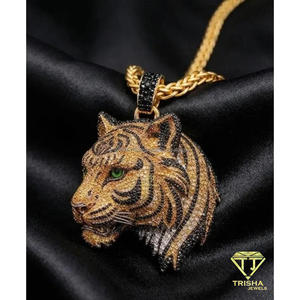 Colgante de lujo con cabeza de animal, diamantes cultivados en laboratorio en negro y amarillo, plata de ley 925, estilo hip hop. - Product Image 1