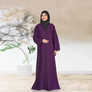 Abaya Islámica Modesta de Tela Nida con Panel Frontal Vertical Adornado con Cristales, Silueta Recta Elegante, Largo hasta el Suelo para Mujer - Product Image 3