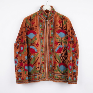 เสื้อแจ็คเก็ตกำมะหยี่สีน้ำตาลปักลายดอกไม้สีแดงเทอร์ควอยซ์  คอตั้ง  ซับในผ้าฝ้าย  มีกระเป๋าข้าง  เสื้อคลุมสำหรับผู้หญิง - Product Image 1