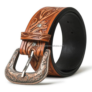 Versatile High Quality Hand Carved Floral Embossed Full Grain Western <b>Leather</b> <b>Tooling</b> Belt for Men with Stylish Engraving Buckle - Product Image 1