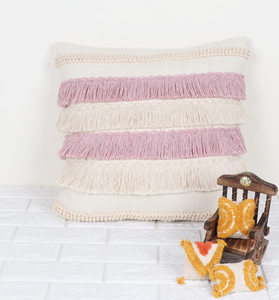Hand Tufted Texture Boho Ivory and <b>Pink</b> Fringe Cushion <b>Cover</b> Handmade Decorative Pillow Case for <b>Sofa</b> Bedroom Living Room Home - Product Image 1