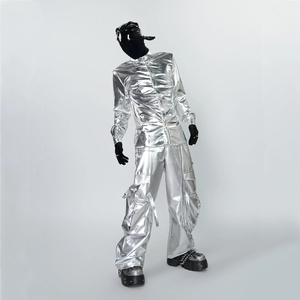 Camisa de Manga Larga con Cuello Camisero para Hombre, Estilo Punk Techwear Plateado Líquido, para Actuaciones en Clubes Nocturnos - Product Image 4