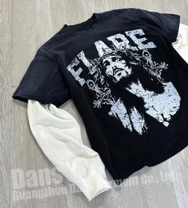 T-shirt unisexe surdimensionné à manches longues, double couche, imprimé vintage, délavé à l'acide, patchwork, effet usé par le soleil, pour homme - Product Image 5