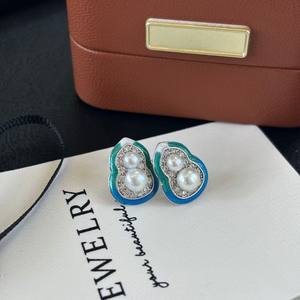 Boucles d'oreilles en argent pur avec perles d'eau douce micro-incrustées, style rétro, gourde bleue glacier Fu Lu Shuangquan - Product Image 5