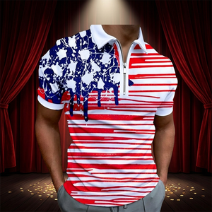 Polo de Manga Corta para Hombre, Rojo, Blanco y Azul, Estampado Digital, con Cierre, Informal, Transpirable, de Punto - Product Image 2