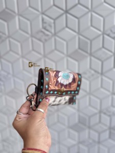 Hand Tooled Carving Western Hair on Hide Fur Leather <b>Small</b> Wristlet Coin <b>Purse</b> Multi Uses Mini Wallet for Women Western Gifts - Product Image 2